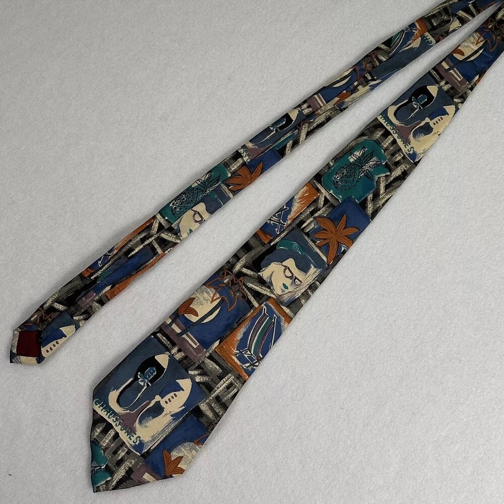 Vtg 1980s DON LOPER BEVERLY HILLS Italian Silk Tie Abstract Tiki Tropical Retro